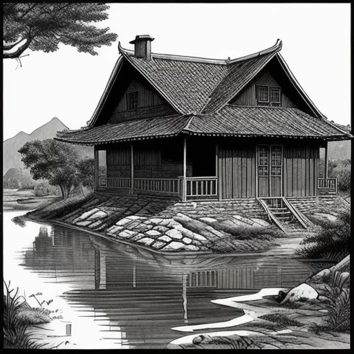 4613278006-an old house in rural, 1960s, with a small river in front of it, Chinese Ink Painting, HDR.webp